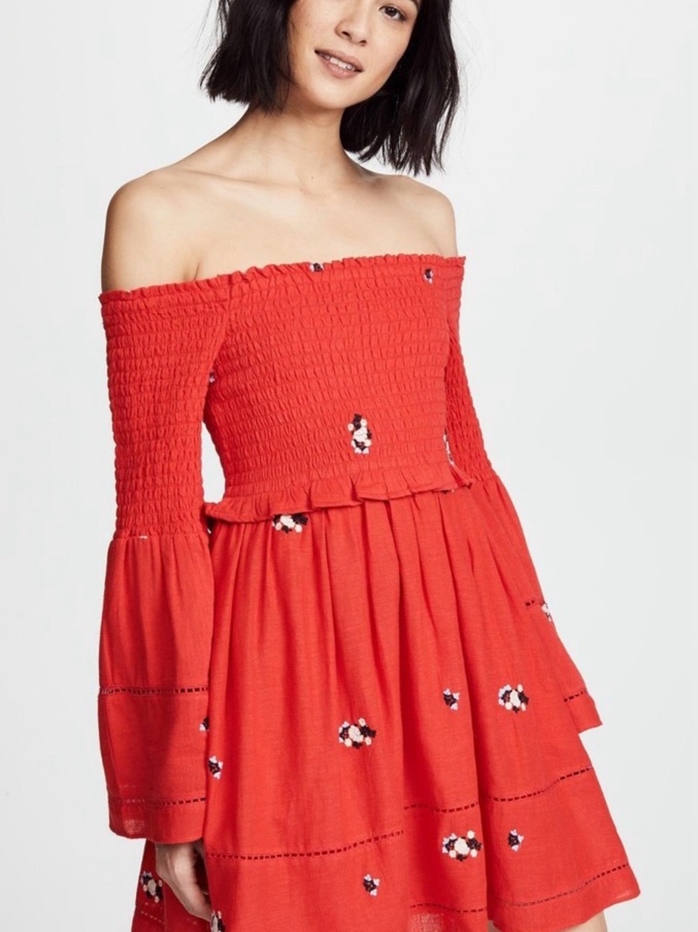 Free People Strapless Red Smocked Mini Dress with Floral Embroidery